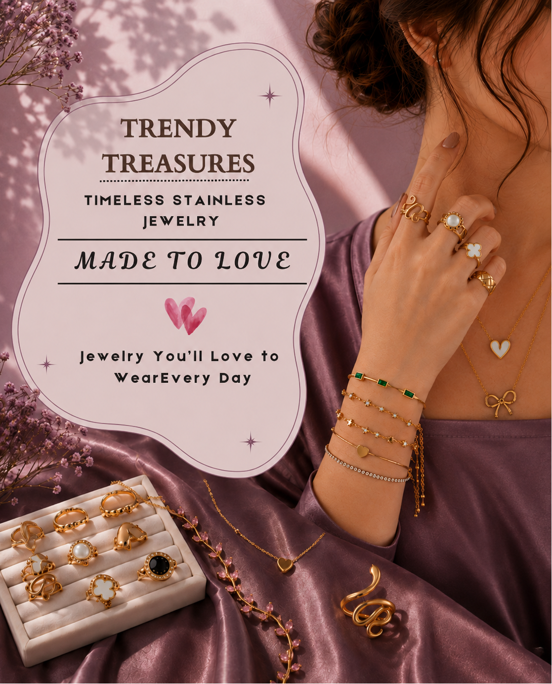 A styled promotional image for jewelry featuring a woman in a mauve satin dress wearing gold rings, bracelets, and necklaces, with a jewelry tray and loose pieces arranged on mauve satin fabric. Large text reads 'TRENDY TREASURES', 'TIMELESS STAINLESS JEWELRY', and 'MADE TO LOVE'.